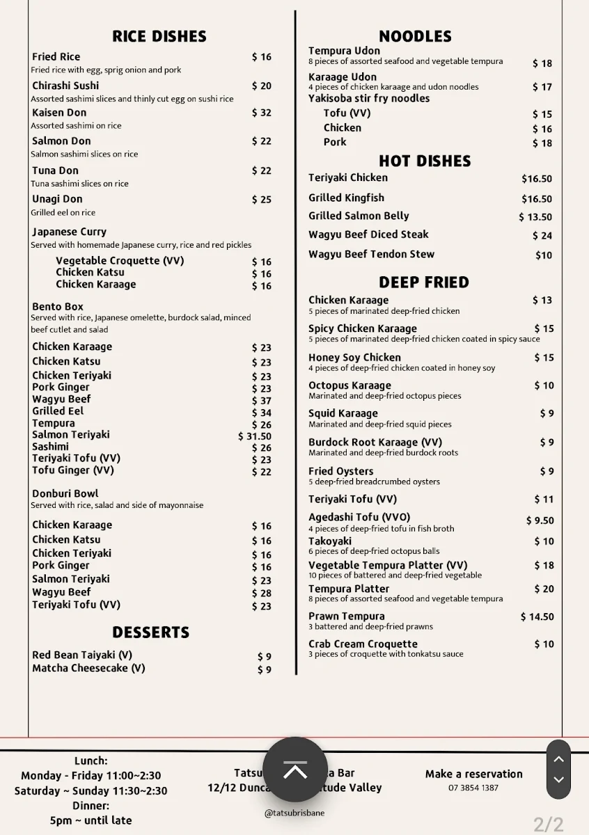 Menu, Tatsu Ramen Gyoza Bar