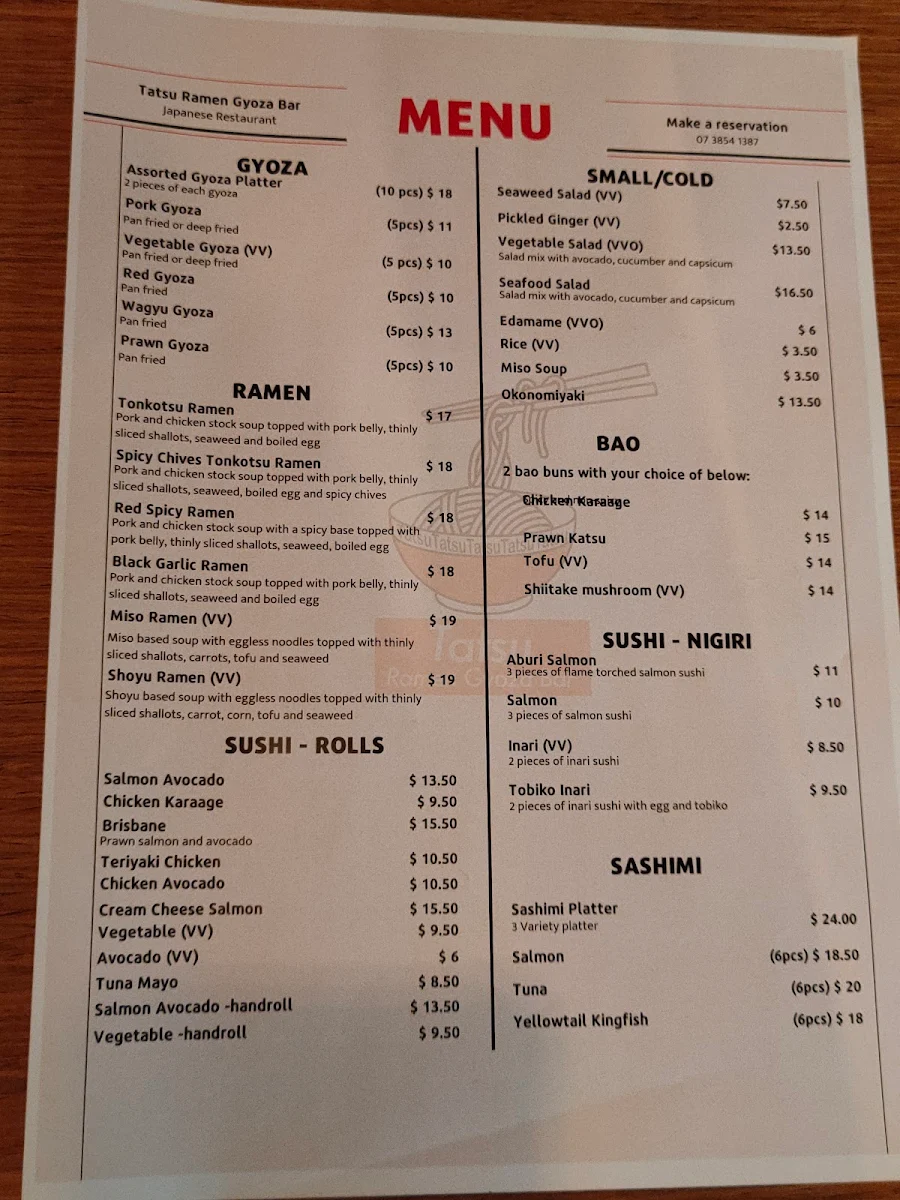 Menu, Tatsu Ramen Gyoza Bar