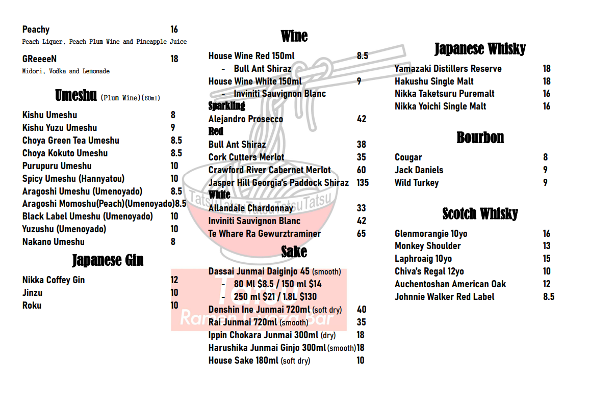 Menu, Tatsu Ramen Gyoza Bar