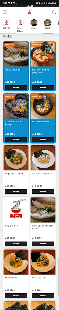 Menu, Tatsu Ramen Gyoza Bar