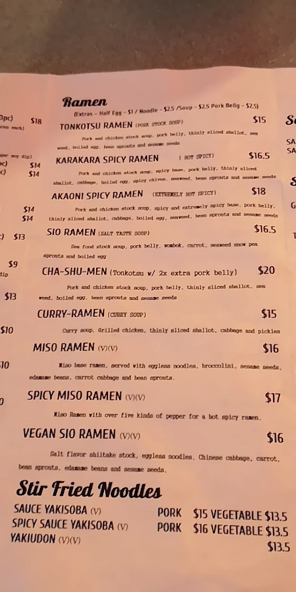 Menu, Tatsu Ramen Gyoza Bar