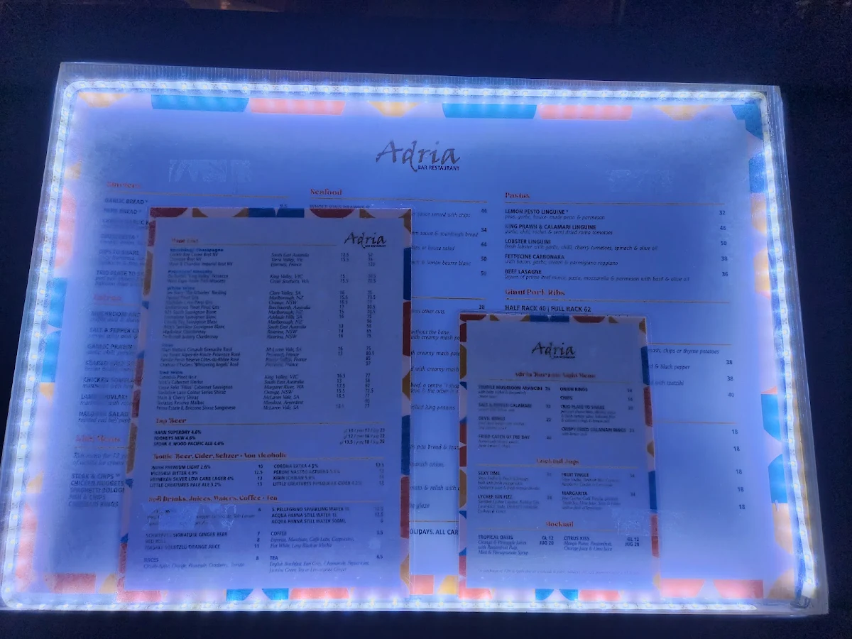 Menu, Adria Bar Restaurant