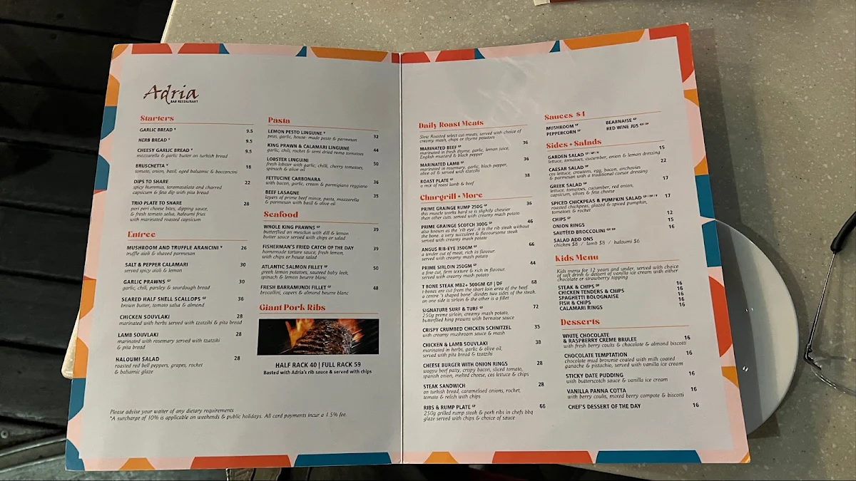Menu, Adria Bar Restaurant