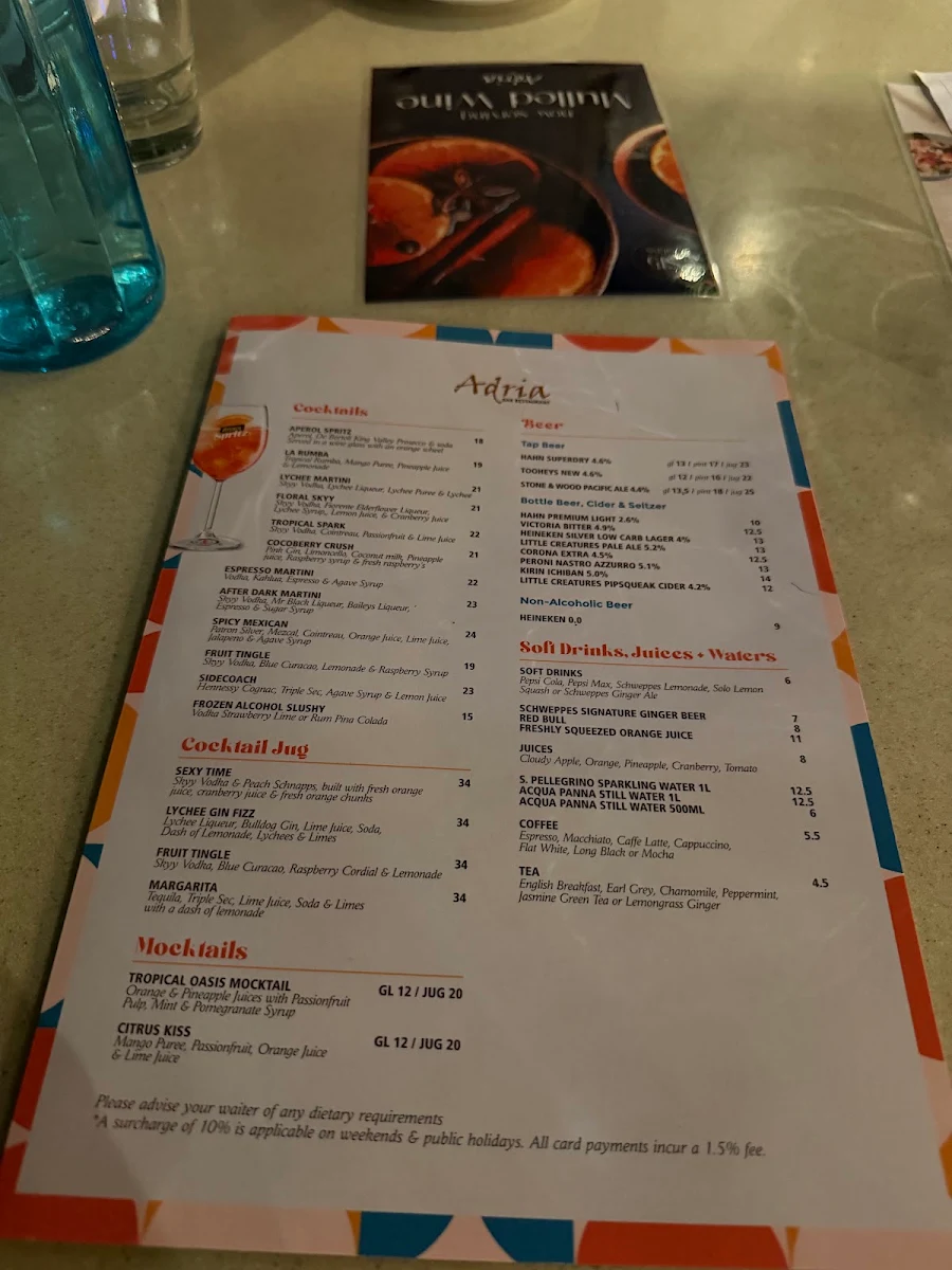 Menu, Adria Bar Restaurant