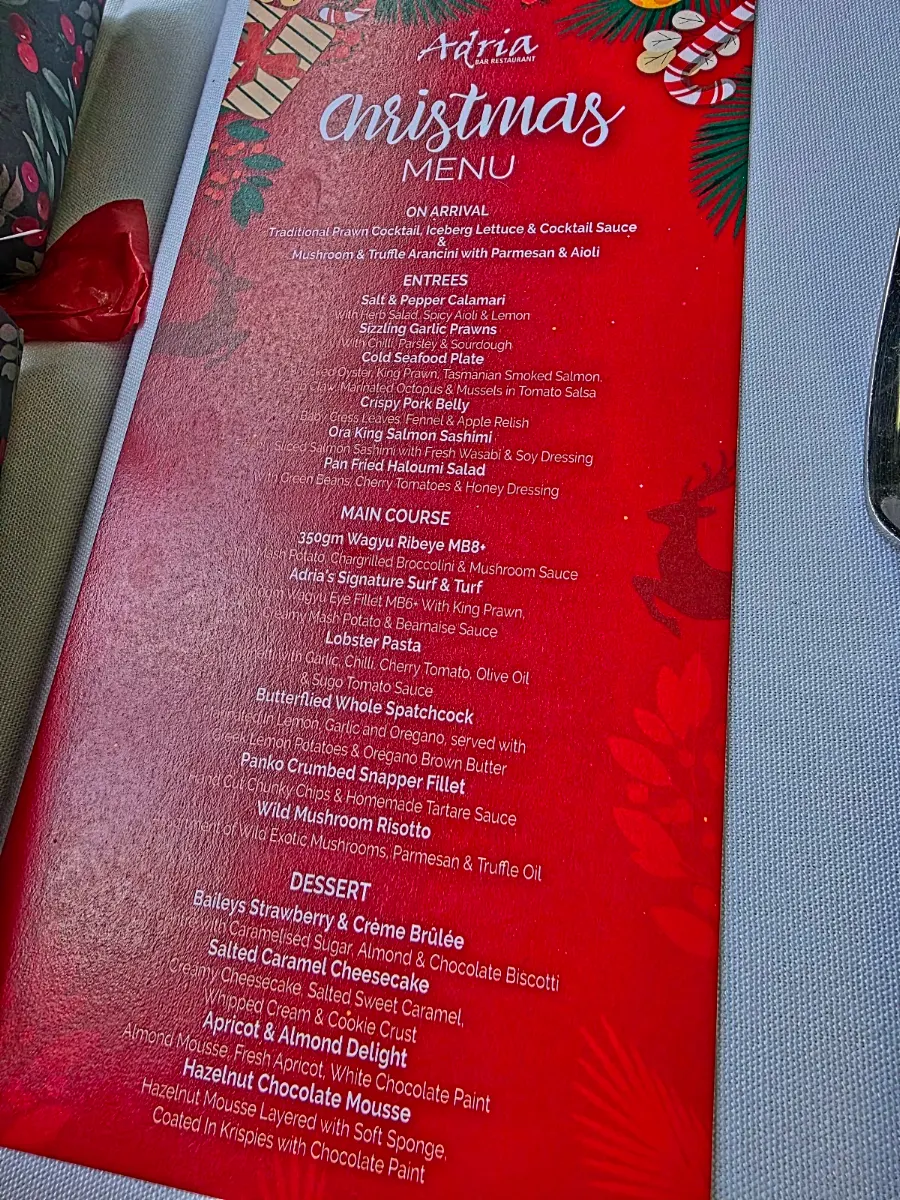 Menu, Adria Bar Restaurant