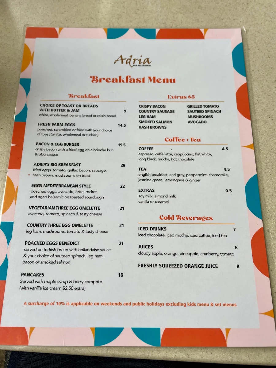 Menu, Adria Bar Restaurant