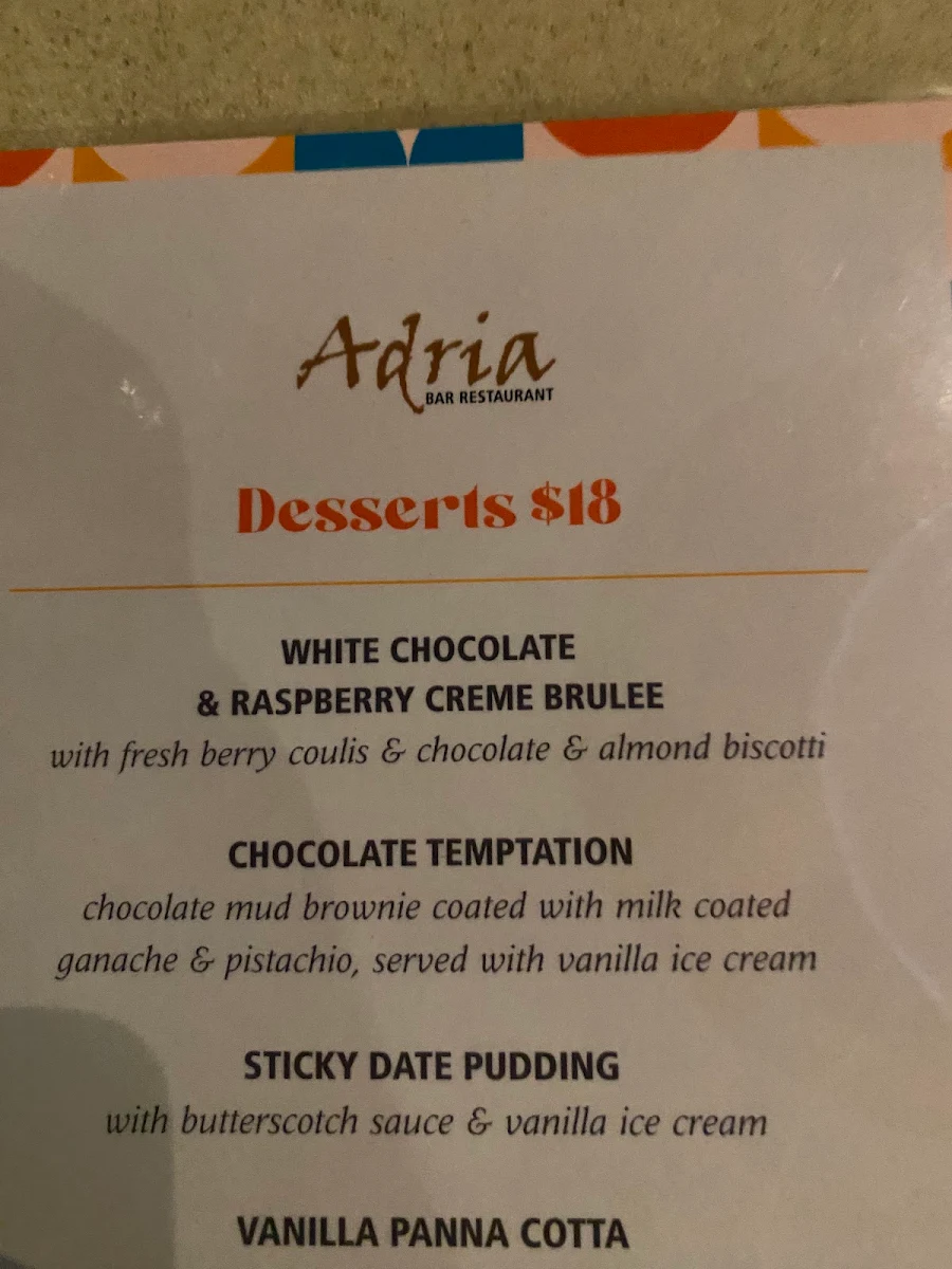 Menu, Adria Bar Restaurant
