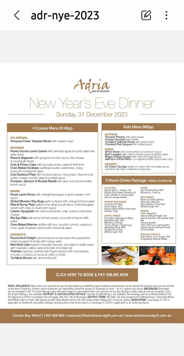 Menu, Adria Bar Restaurant