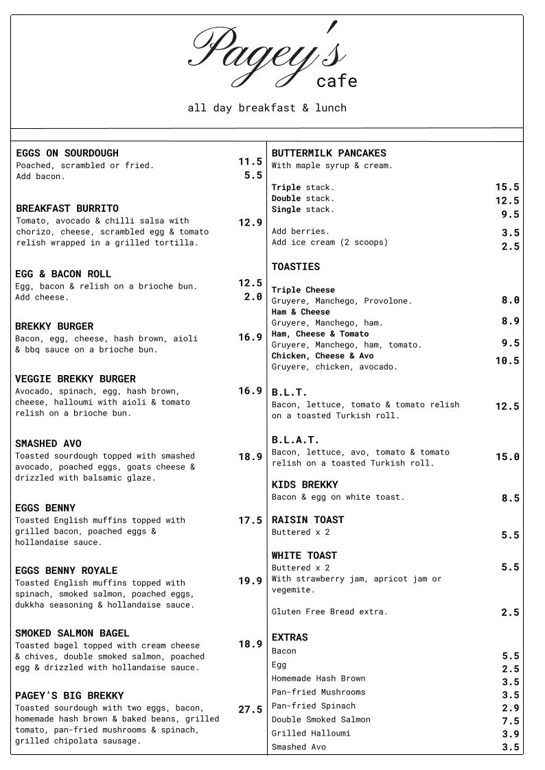 Menu, Pagey’s Cafe