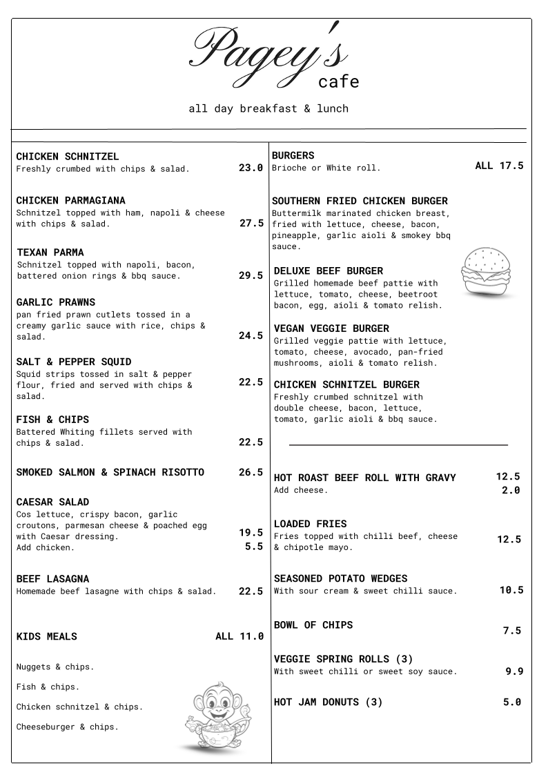 Menu, Pagey’s Cafe