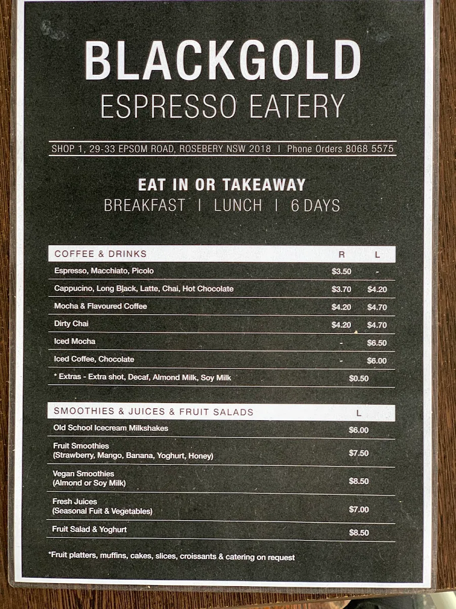 Menu, Black Gold Espresso