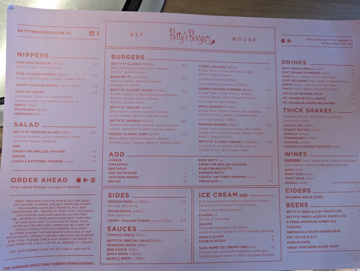 Menu, Betty's Burgers
