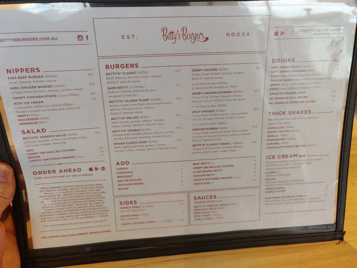 Menu, Betty's Burgers