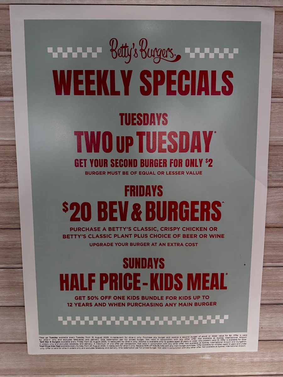 Menu, Betty's Burgers