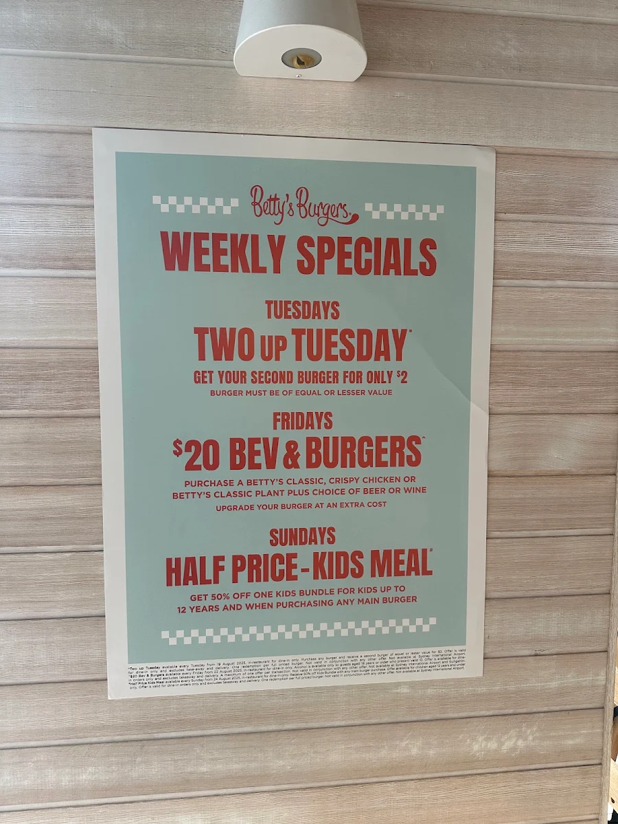 Menu, Betty's Burgers