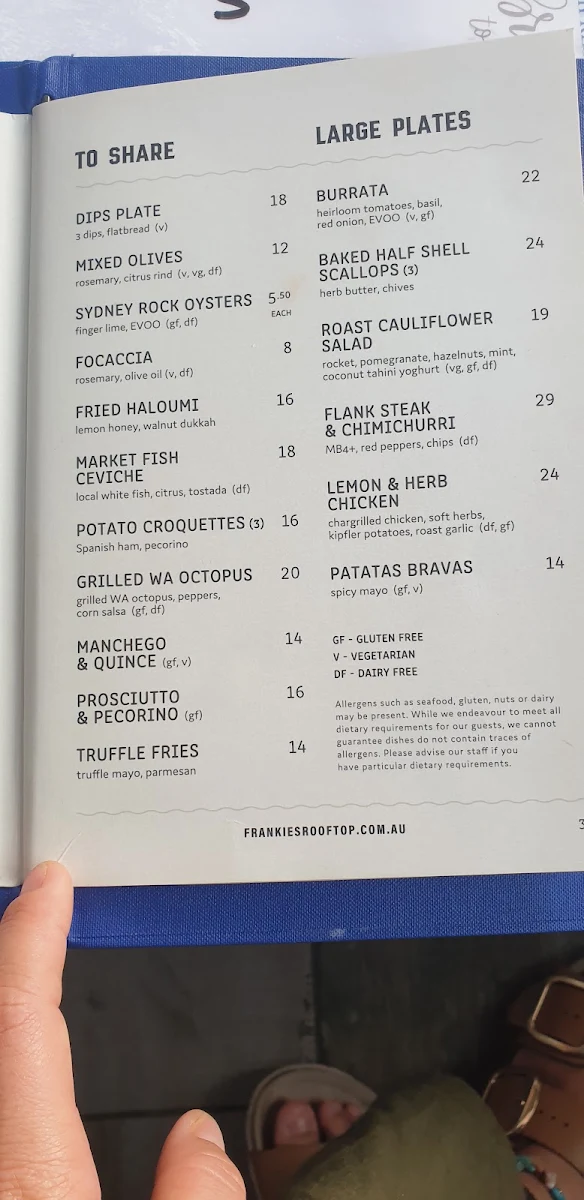 Menu, Frankie's Rooftop