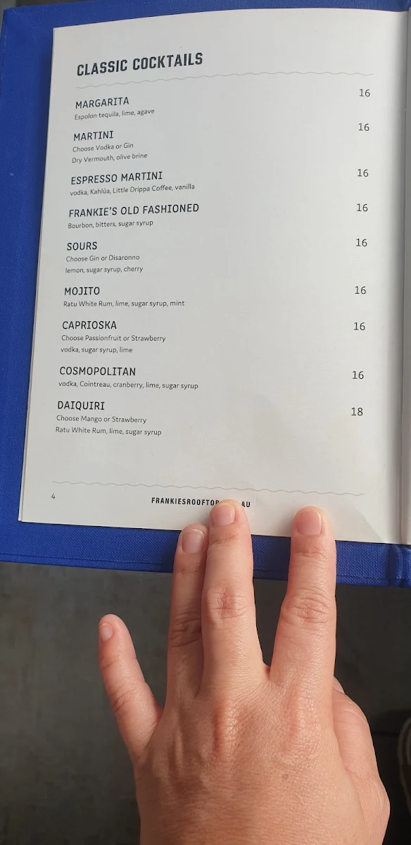 Menu, Frankie's Rooftop