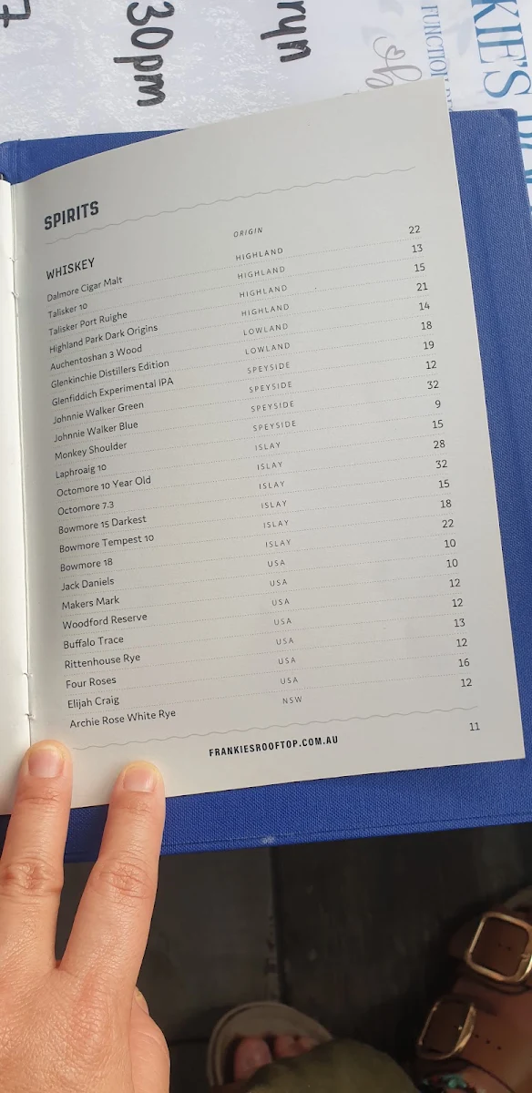 Menu, Frankie's Rooftop