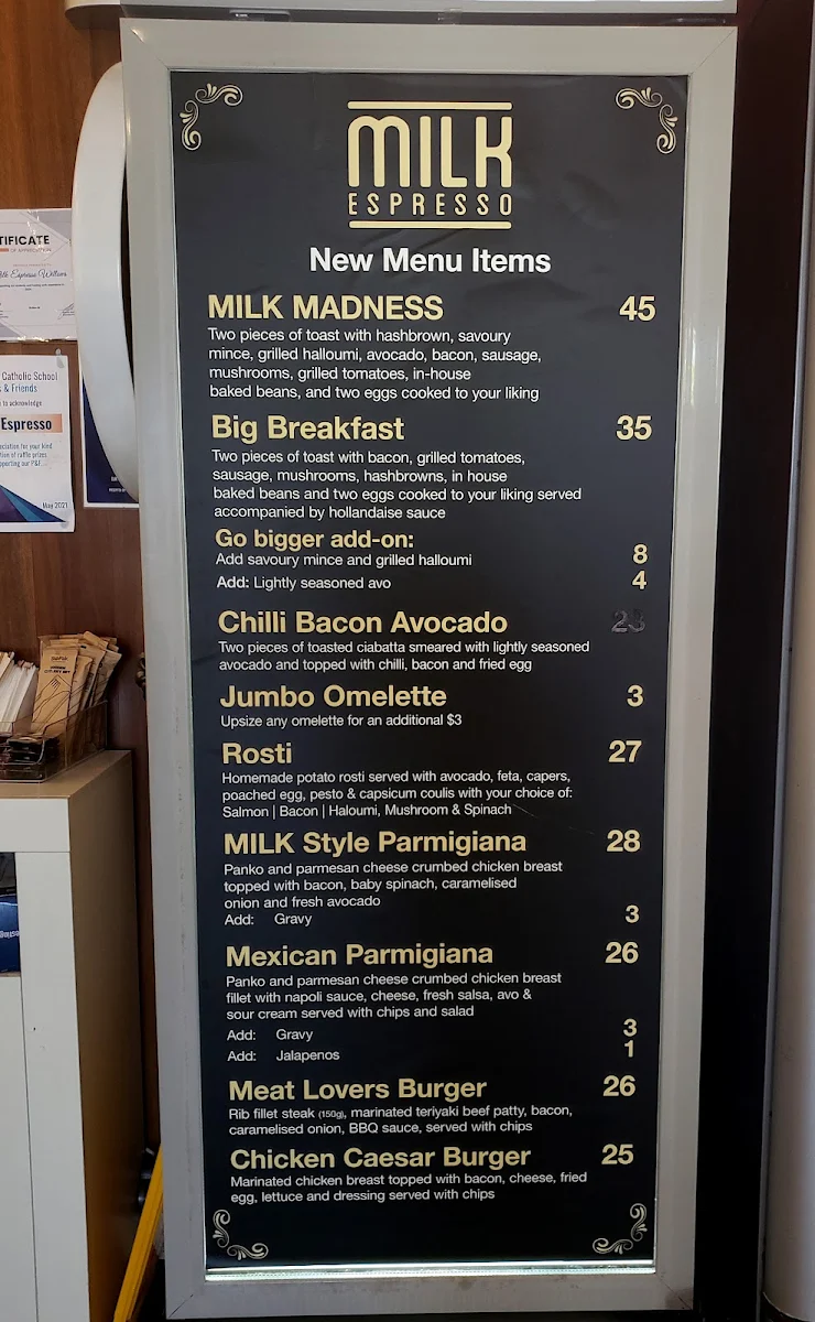 Menu, Milk Espresso Signature Willows