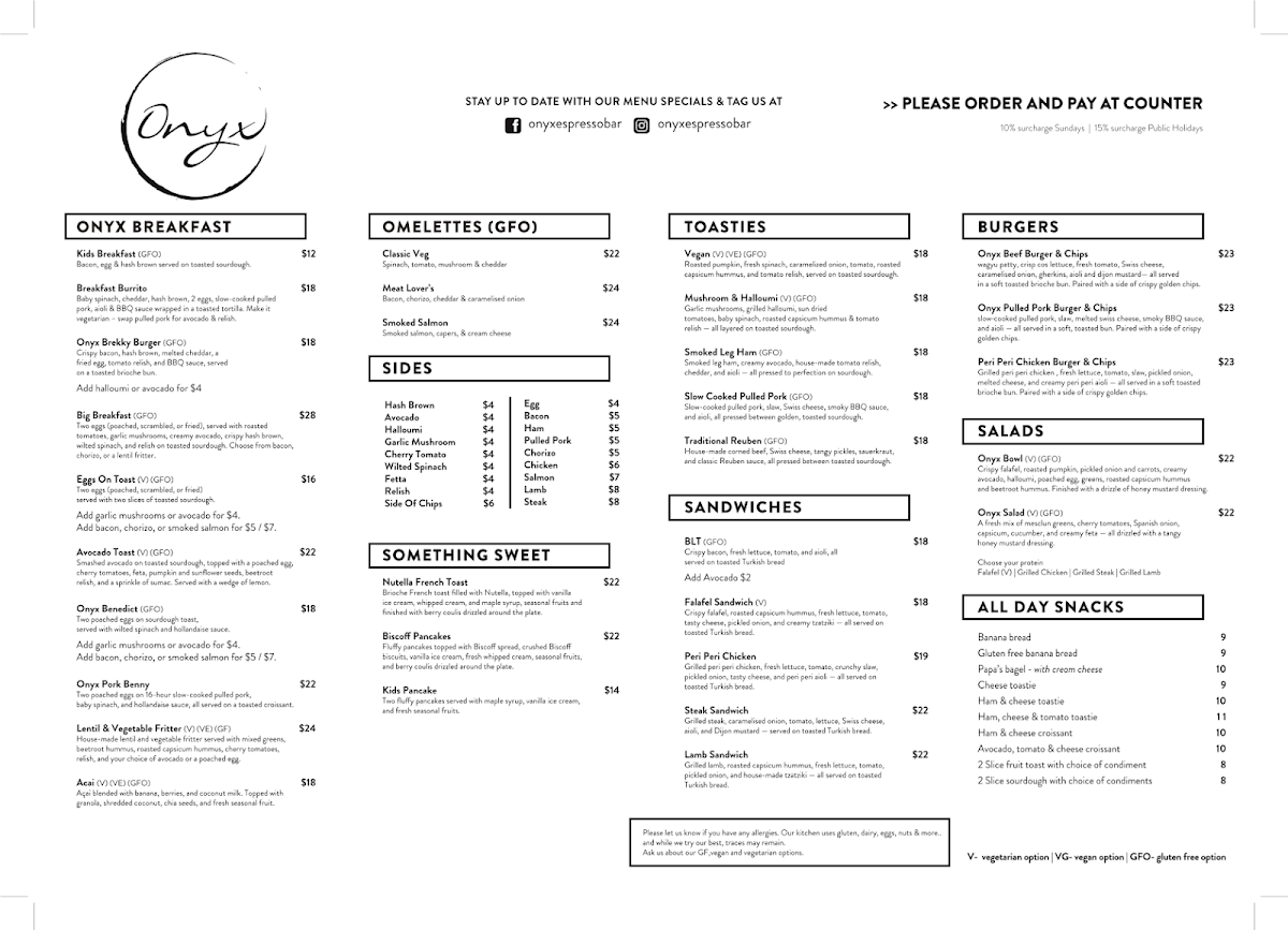 Menu, Onyx Espresso Bar