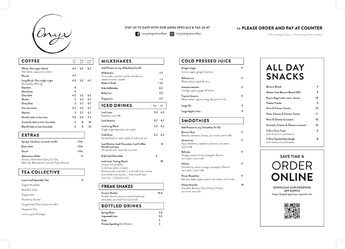 Menu, Onyx Espresso Bar