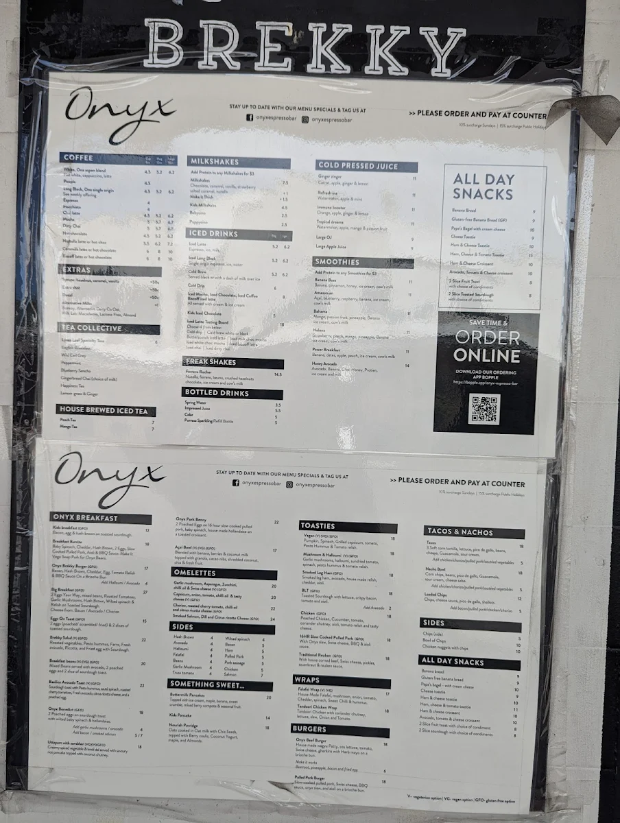 Menu, Onyx Espresso Bar