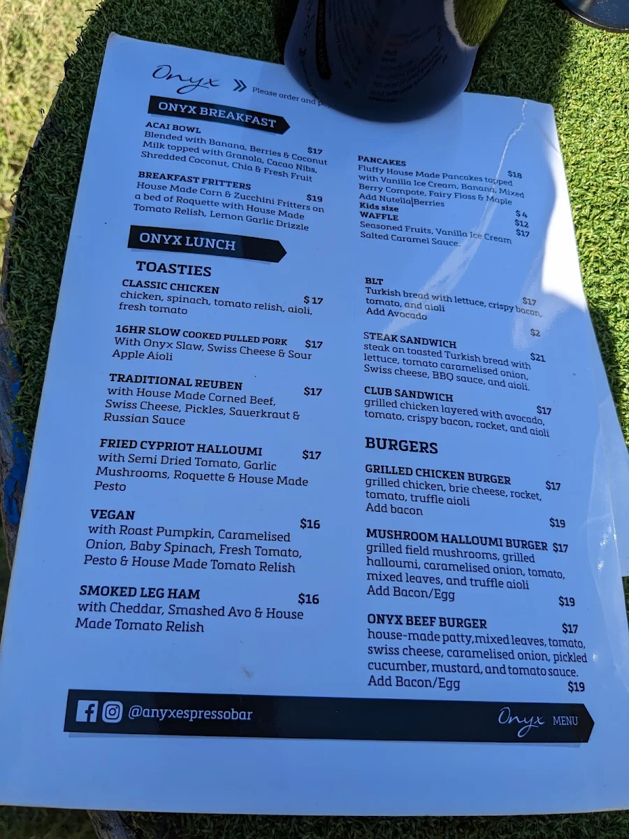 Menu, Onyx Espresso Bar