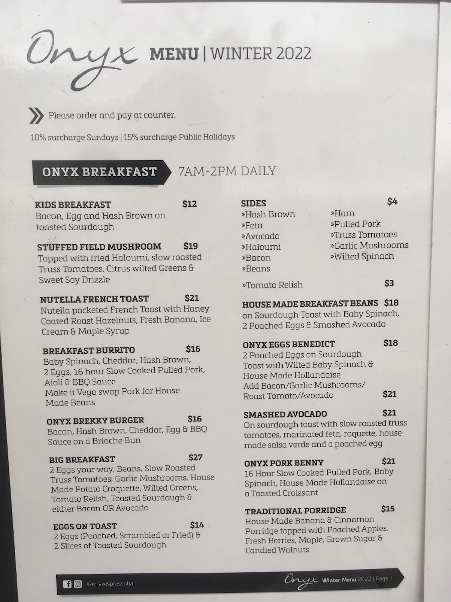 Menu, Onyx Espresso Bar