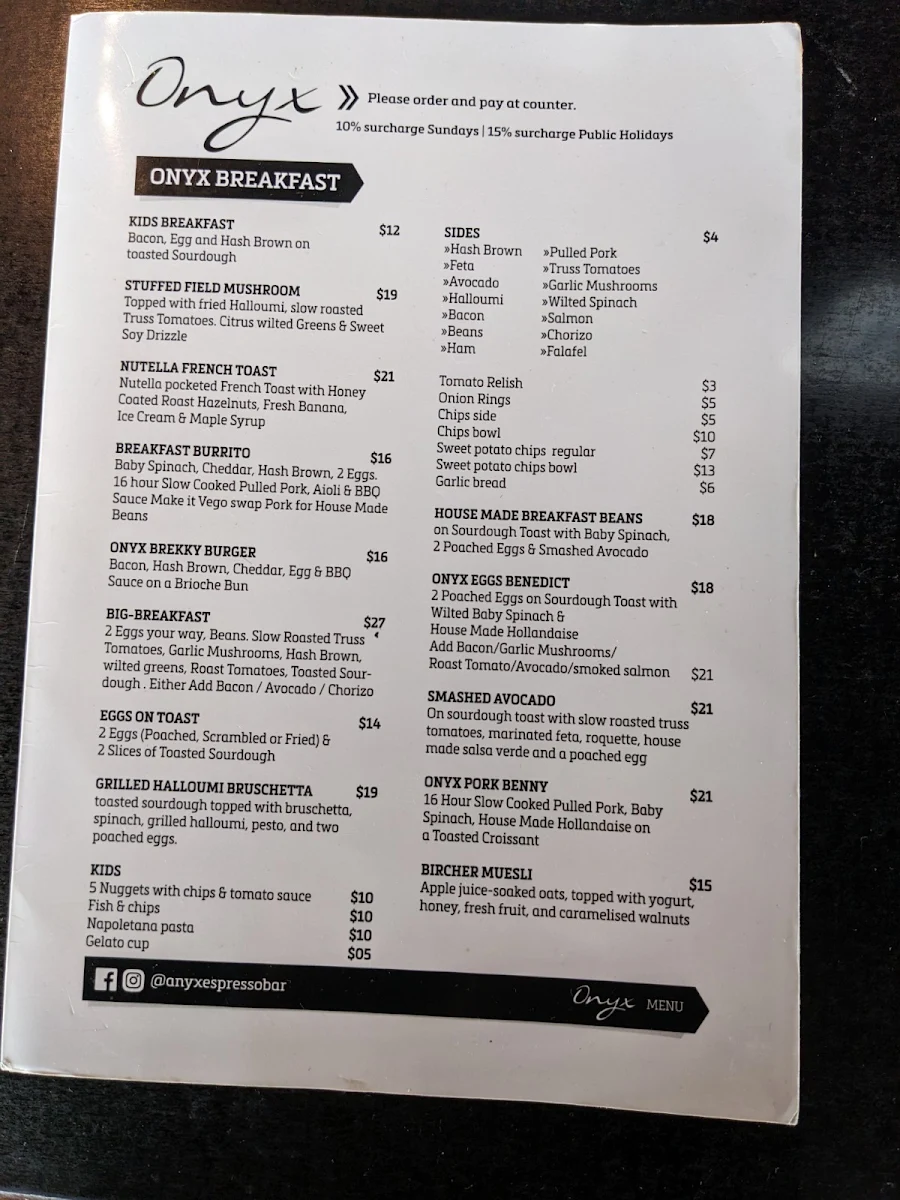 Menu, Onyx Espresso Bar