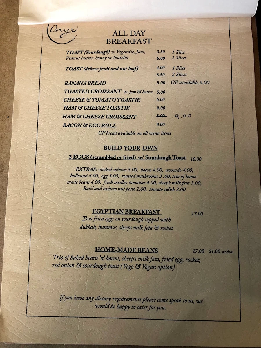 Menu, Onyx Espresso Bar