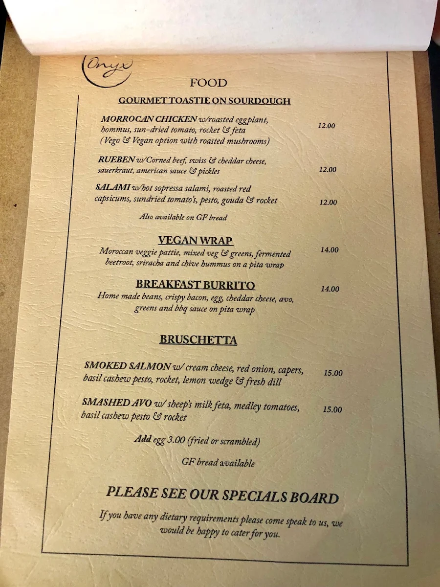 Menu, Onyx Espresso Bar