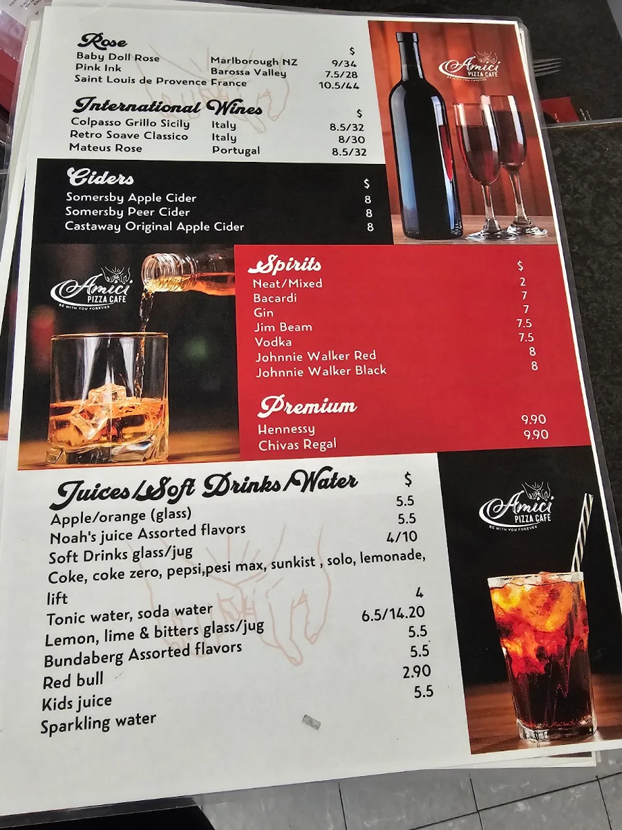 Menu, Amici Pizza Cafe