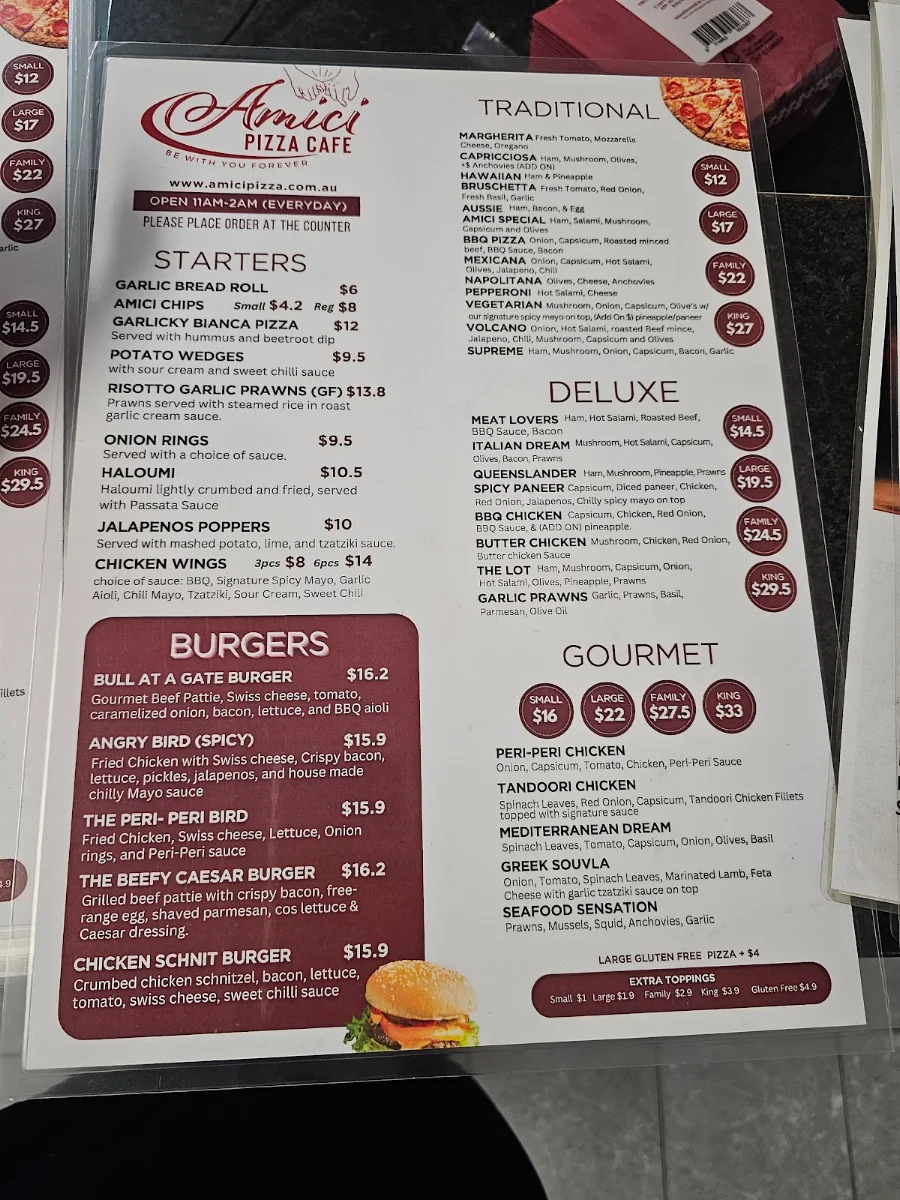 Menu, Amici Pizza Cafe