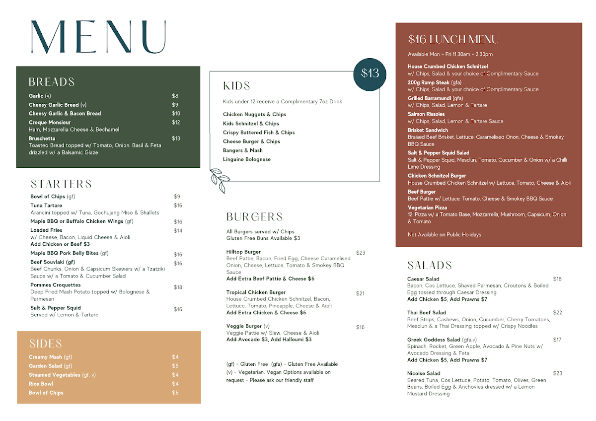 Menu, Hilltop Hotel Goonellabah