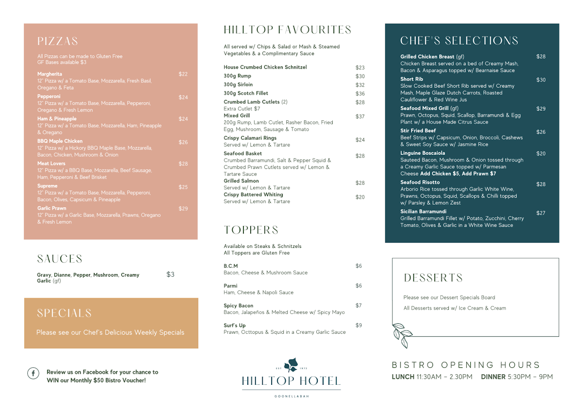 Menu, Hilltop Hotel Goonellabah