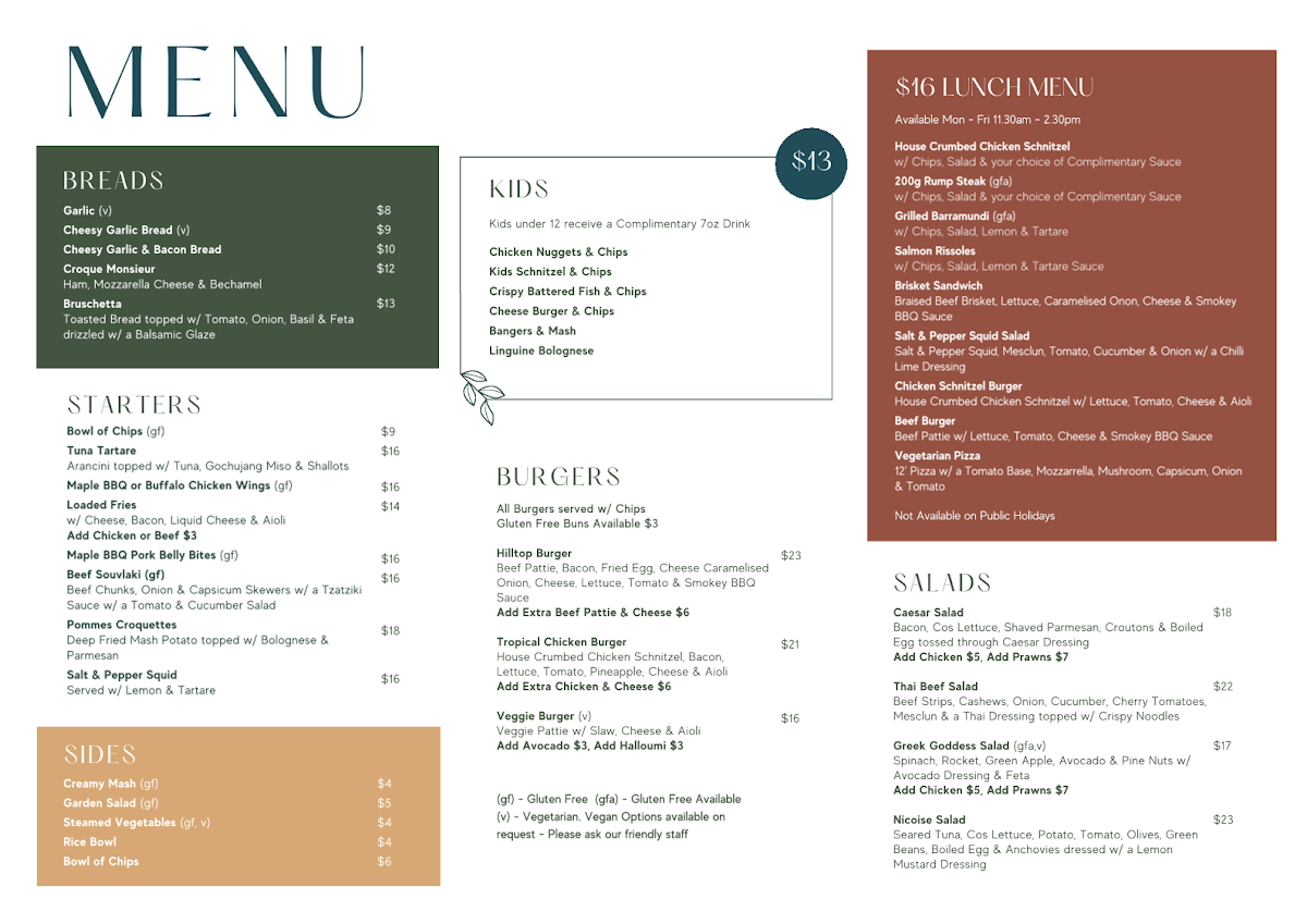 Menu, Hilltop Hotel Goonellabah