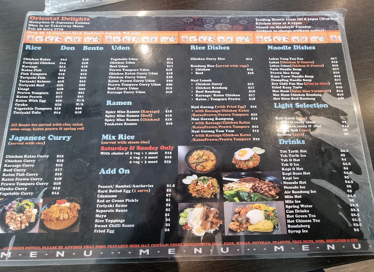 Menu, Oriental Delights