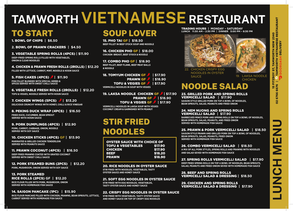 Menu, Tamworth Vietnamese Restaurant