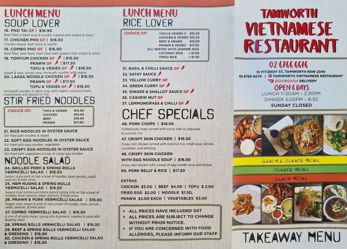 Menu, Tamworth Vietnamese Restaurant