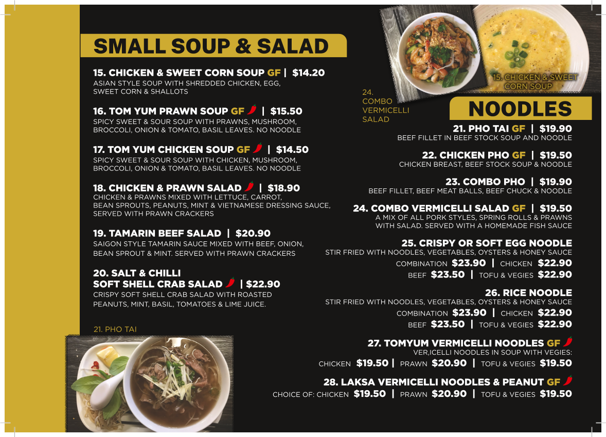 Menu, Tamworth Vietnamese Restaurant