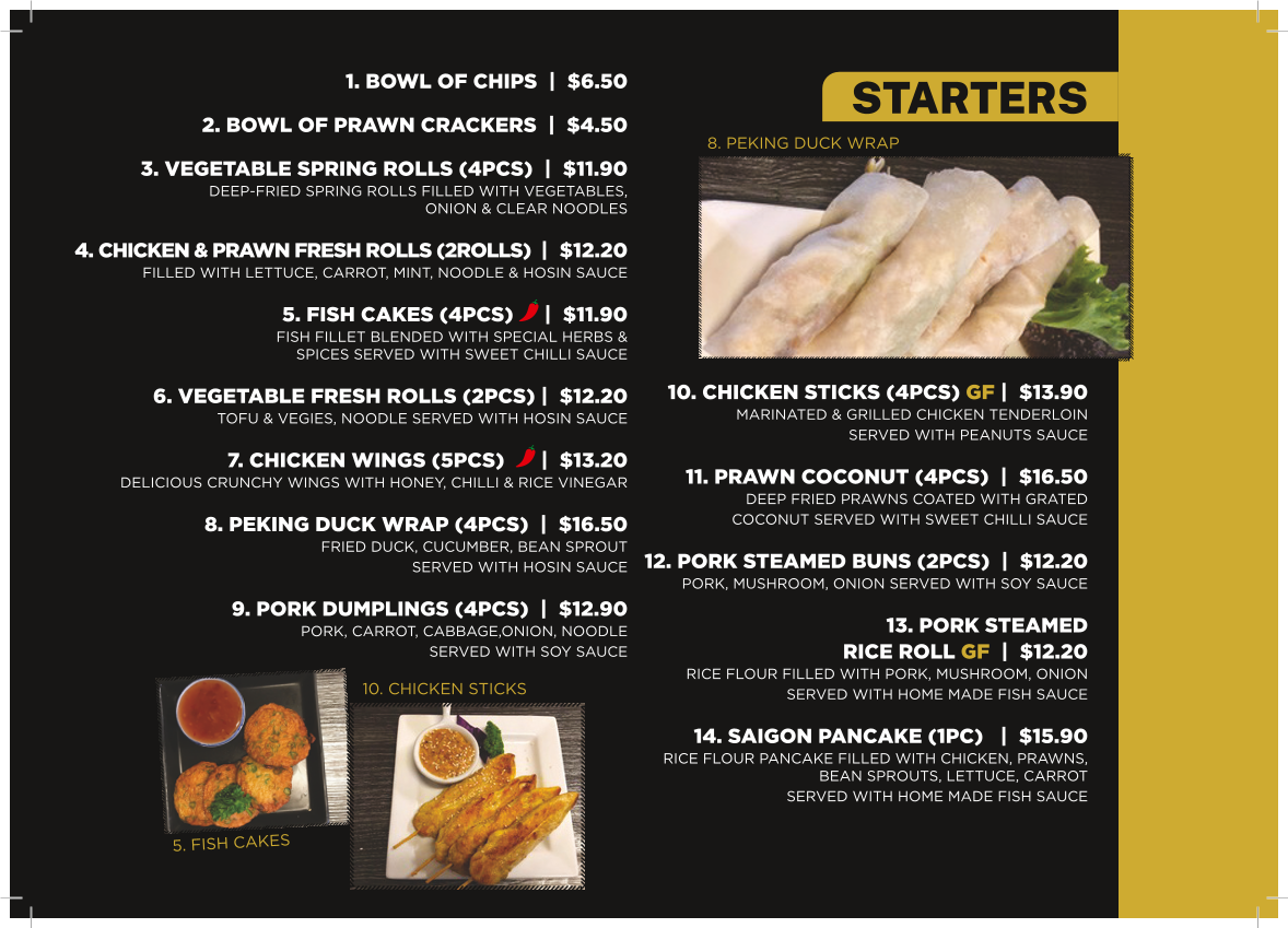 Menu, Tamworth Vietnamese Restaurant