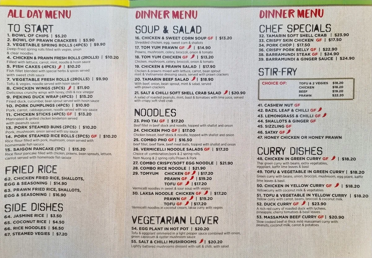 Menu, Tamworth Vietnamese Restaurant