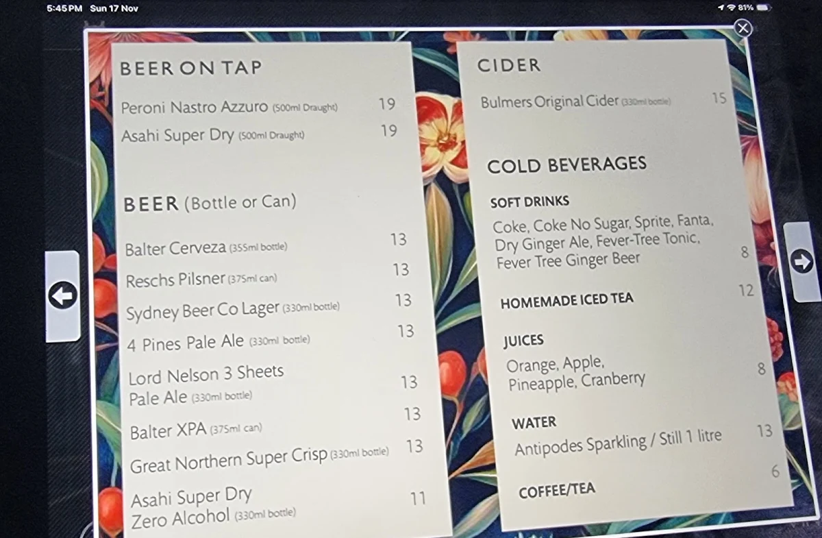 Menu, 6HEAD Sydney