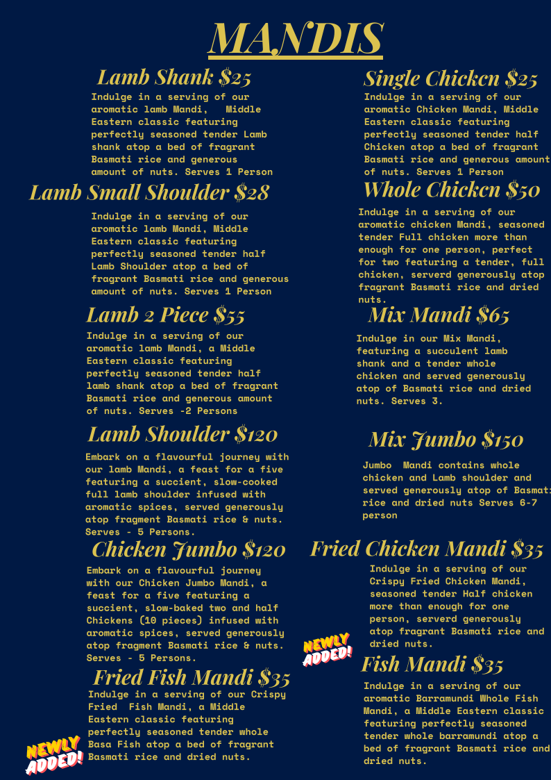 Menu, Sufra Mandi Restaurant & Banquet Hall