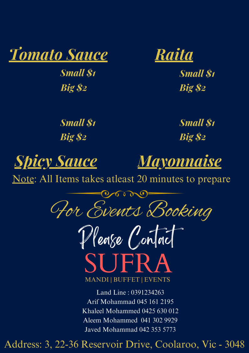Menu, Sufra Mandi Restaurant & Banquet Hall
