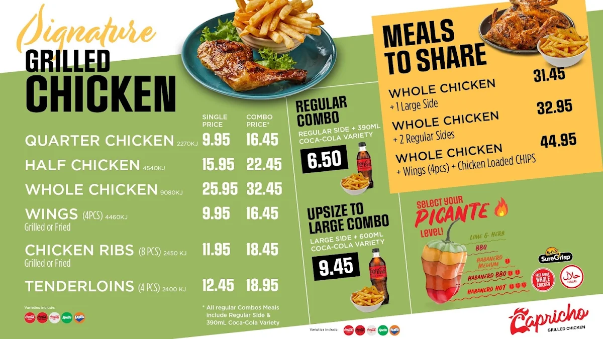 Menu, Capricho Grilled Chicken - Springvale