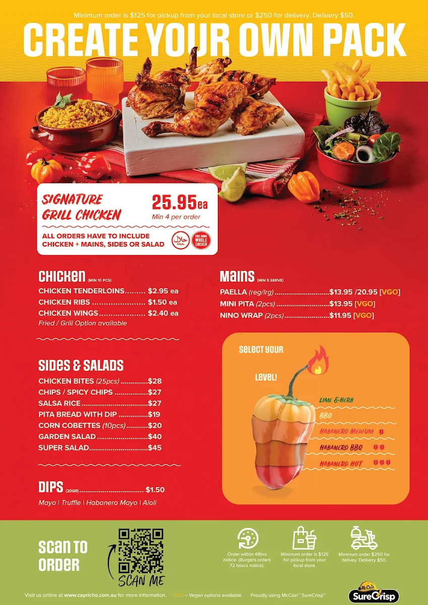 Menu, Capricho Grilled Chicken - Springvale