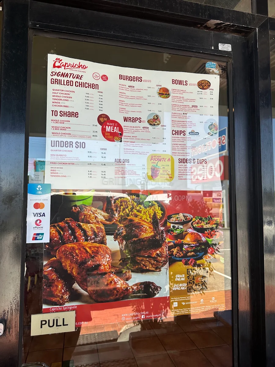 Menu, Capricho Grilled Chicken - Springvale