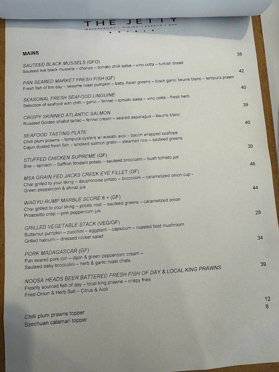Menu, @ The Jetty