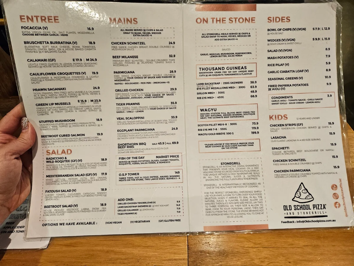 Menu, Old School Pizza & Stonegrill